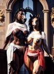 anthro big_breasts black_hair black_nipples black_nose breasts brown_body clothed clothing curled_hair duo equid equine female genitals hair hi_res horse looking_at_viewer mammal marcus64 navel nipples partially_clothed pussy standing tan_body