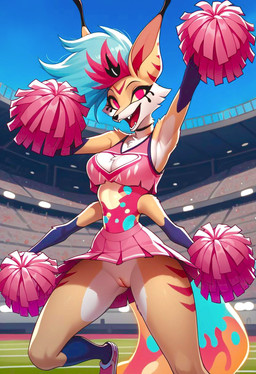 4_arms anthro bottomwear breasts cheerleader_outfit choker clothing crop_top dancing female footwear genitals hair jewelry jumping lamp lava_lamp looking_at_viewer medium_breasts multi_arm multi_limb multicolored_hair multicolored_tail necklace open_mouth pom_poms pussy raised_arm shirt shoes skirt smile solo stadium topwear krobeel helluva_boss queen_bee-lzebub_(helluva_boss) canid canine fox mammal hi_res