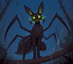 ambiguous_gender arthropod_abdomen feral glowing glowing_eyes looking_at_viewer mandibles neck_tuft night smoke_from_mouth solo spider_web tuft nonimousmate arachnid arthropod eeveelution hybrid pokemon_(species) spider hi_res