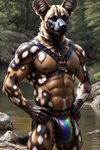 anthro clothing harness jockstrap male muscular muscular_anthro muscular_male rainbow river solo underwear woods hyaenid mammal absurd_res hi_res