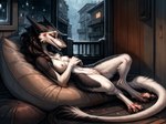 anthro balcony bean_bag breasts city city_background cozy crotch_tuft digitigrade eyes_closed featureless_crotch female fluffy hair hi_res medium_breasts messy_hair nipples oldhroft raining sergal sleeping solo tuft