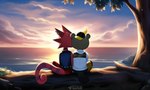 anthro backwards_hat clothing duo furgonomics furry-specific_piercing hair hat headgear headwear hoodie jewelry male male/male necklace outside piercing plant red_body red_scales romantic romantic_ambiance romantic_couple scales sea smile sunset text topwear tree vest water sergalbutt animal_crossing nintendo c.j._(animal_crossing) flick_(animal_crossing) beaver chameleon lizard mammal reptile rodent scalie hi_res signature url