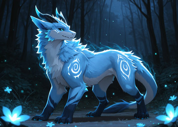 4_toes ambiguous_gender belly black_claws black_horn black_sclera blue_body blue_eyes blue_fur claws dark_background feet feral fluffy fluffy_fur fluffy_tail forest forest_background fur fur_markings glowing glowing_markings horn leg_markings looking_back magic magical_aura markings multicolored_body mystical mythology nature nature_background neck_tuft night paws plant smile socks_(marking) solo toe_claws toes tree tuft white_belly white_body white_fur jirikdos dragon furred_dragon furred_scalie mythological_creature mythological_scalie scalie hi_res wallpaper widescreen