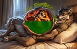 anthro belly big_belly bodily_fluids bone burping cloud_emanata death digestion duo lying male on_back organs skeleton sleeping stomach stomach_acid vore thedavid canid canine canis fox mammal wolf hi_res