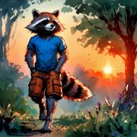 anthro black_nose bottomwear brown_body brown_fur clothing eyes_closed fur guardians_of_the_galaxy hands_in_both_pockets happy male markings nature nature_background outside peaceful shirt shorts smile solo striped_markings striped_tail stripes sunset tail_markings topwear walking a_tair_in_reality rocket_raccoon mammal procyonid raccoon hi_res