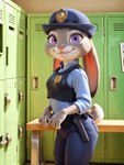 anthro bench breasts bulletproof_vest clothing disney female fur furniture locker_room looking_at_viewer office police_badge police_hat police_uniform purple_eyes side_view small_breasts smile solo standing uniform majorrenegade zootopia judy_hopps lagomorph leporid mammal rabbit detailed hi_res