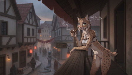 5_fingers after_sex anthro apode balcony bodily_fluids bottomless breasts butt casual_exposure cloak clothed clothing cobblestone countershading cum cum_on_body cum_on_butt cum_on_ground cum_on_leg cum_trail depth_of_field detailed_background dialogue fantasy female female_anthro fingers fur genital_fluids genitals green_eyes group jewelry leaning leaning_forward legless looking_at_viewer medieval necklace pussy railing raining relaxing serpentine smile smoking smoking_pipe solo_focus spots tan_body tan_fur text town under_boob white_body white_countershading terraraptor world_of_midria draconcopode felid feline lynx mammal naga reptile scalie snake director_name english_text hi_res