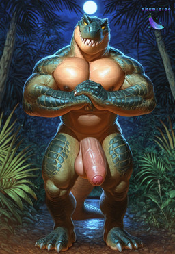 4_fingers 4_toes balls claws feet finger_claws fingers genitals grey_body jungle looking_at_viewer male moon muscular night no_pupils penis sharp_teeth solo teeth toes yellow_sclera tredici04 dinosaur humanoid reptile scalie hi_res