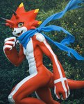 anthro belt claws fangs from_side horn male nature nature_background open_mouth outside red_body scarf solo white_body yellow_eyes purrfectlyai bandai_namco digimon digimon_ghost_game betelgammamon digimon_(species) scalie absurd_res hi_res portrait