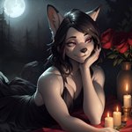 anthro black_hair candlelight canid canine canis female fluffy forest hair hi_res kyrie_(potca) light mammal moonlight plant potca purple_eyes solo tree vase white_body wolf