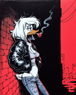 anthro bottomwear breasts chest_tuft cigarette clothing denim denim_clothing female hair jacket jeans mature_female medium_breasts messy_hair pants sagging_breasts shirt smoking solo tank_top topwear tuft arantonak della_duck anatid anseriform avian bird duck hi_res