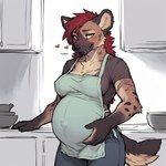 <3 anthro apron blush bottomwear clothed clothing denim denim_clothing embarrassed female fully_clothed hair hand_on_stomach holding_belly inside jeans kitchen looking_at_viewer pants pregnant pregnant_female punk punk_hair red_hair scar shy smile solo anonymous_director hyaenid mammal hi_res