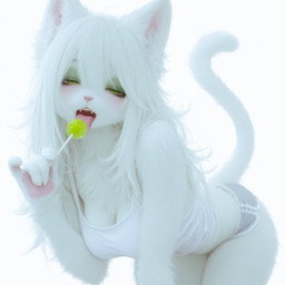 anthro bent_over bottomwear breasts candy cleavage clothed clothing dessert female food fur gesture green_eyes gym_bottomwear gym_clothing gym_shorts hair half-closed_eyes hanging_breasts inner_ear_fluff leaning leaning_forward licking lollipop long_hair looking_at_viewer medium_breasts narrowed_eyes open_mouth pink_nose pink_tongue shirt shorts simple_background solo standing suggestive suggestive_gesture suggestive_look tail tank_top tongue tongue_out topwear tuft white_background white_body white_clothing white_fur white_hair white_topwear sleepykitty domestic_cat felid feline felis mammal hi_res