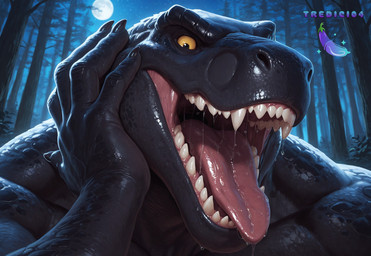 black_body black_eyes bodily_fluids forest light looking_at_viewer male moonlight muscular muscular_male night open_mouth plant saliva solo tongue tongue_out tree yellow_sclera tredici04 rex_(tredici04) dinosaur humanoid reptile scalie hi_res