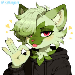 <3 anthro blep blush cheek_tuft claws clothed clothing cute_fangs facial_tuft femboy fur gesture green_body green_fur green_hair hair hair_over_eye hoodie inner_ear_fluff looking_at_viewer male narrowed_eyes neck_tuft ok_sign one_eye_obstructed red_eyes short_hair simple_background smile smug solo tongue tongue_out topwear tuft white_background kaltingale_(director) nintendo pokemon generation_9_pokemon pokemon_(species) sprigatito hi_res portrait watermark