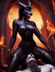 anthro areola breasts demon dominant dominant_female duo facesitting female fire grin horn lurktime_(director) male male/female naughty_face nipples smile spread_legs spreading