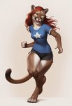 anthro bottomwear clothed clothing digitigrade female golden_eyes hair long_hair punch red_hair shirt shorts simple_background solo topwear twisting director_crashbandit cougar felid feline mammal pantherine hi_res novelai