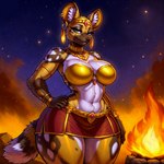 1:1 african_wild_dog anthro belly bottomwear campfire canid canine clothing colored detailed ear_piercing ear_ring female fire fur gold_(metal) gold_jewelry hand_on_hip hi_res jewelry lungfish1223 mammal multicolored_body multicolored_fur night_sky piercing ring_piercing skirt sky solo star starry_sky white_belly yellow_eyes