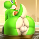 anthro anus backsack balls blue_eyes butt butt_focus genitals green_body looking_back male pool presenting presenting_anus presenting_hindquarters raised_tail scalie sergalbutt shell solo spikes spikes_(anatomy) thick_thighs water yoshi