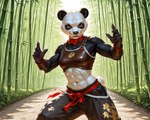 abs anthro armor bamboo bamboo_forest breasts clothing female fighting_pose forest martial_arts plant pose small_breasts solo tree ivorymane giant_panda mammal ursid watermark