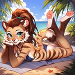 anthro beach bikini breasts clothing feet female hair legs_up lying on_front pawpads ponytail pose seaside small_breasts solo swimwear teenager young foxlover7796 bisha_(f-r95) felid mammal pantherine tiger