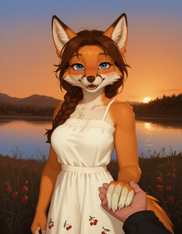 5_fingers anthro blue_eyes blush braided_hair breasts brown_hair cheek_tuft claws clothed clothed_female clothing countershade_face countershade_fur countershade_torso countershading detailed_background dipstick_ears dress duo ear_markings eyebrows eyelashes facial_markings facial_tuft fangs female female_anthro female_focus finger_claws fingers first_person_view flower fur grass hair hand_holding happy head_markings human_on_anthro human_pov inner_ear_fluff interspecies lake long_hair looking_at_viewer male markings mountain multicolored_body multicolored_ears multicolored_fur open_mouth open_smile orange_body orange_fur outside plant shoulder_tuft sky smile solo_focus sundress sunset tail teeth tongue tree tuft water white_body white_clothing white_dress white_fur white_inner_ear_fluff colossal_exhoost_fume canid canine fox human mammal red_fox hi_res portrait shaded