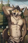 absurd_res anthro armpit_hair blush body_hair canid canine canis capybeara hands_behind_head hi_res huge_filesize male mammal nipples piercing pubes solo tail wendell_(fortnite) wolf yellow_sclera