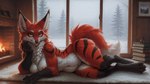 anthro blep breasts cabin cheek_tuft cozy curvy_figure digitigrade facial_tuft female fluffy fluffy_body fluffy_ears fluffy_fur fur lying medium_breasts multicolored_body multicolored_fur neck_tuft on_side red_body red_fur solo striped_body striped_fur stripes tongue tongue_out tuft two_tone_body two_tone_fur wide_hips winter yellow_eyes slingsting canid canine fox mammal hi_res