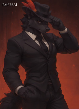anthro black_tie_(suit) clothing feather_hat hand_on_hat looking_at_viewer male solo suit raif_ai canid canine canis mammal wolf hi_res
