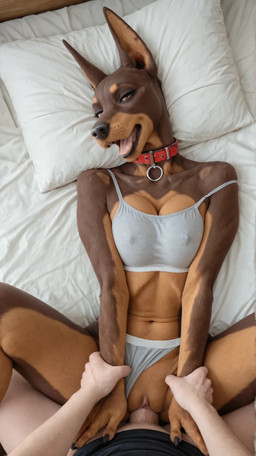 anthro anthro_penetrated bed brown_body brown_fur clothing collar duo female female_anthro female_penetrated from_front_position fur furniture human_on_anthro human_penetrating human_penetrating_anthro interspecies lying male male/female male_on_anthro missionary_position on_back on_bed panties penetration sex underwear dot_8 canid canine canis dobermann domestic_dog human mammal pinscher hi_res