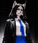 anthro bared_teeth breasts clothing female frown jacket necktie orange_eyes school_uniform scowl solo topwear uniform anonymous_director felid feline lynx mammal hi_res