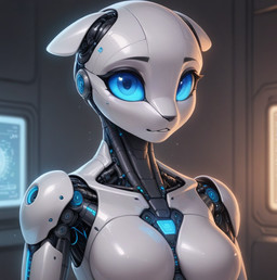 anthro big_eyes black_nose blue_eyes computer eyelashes female machine mechanical_arms mechanical_joints solo white_body cartuniverse domestic_cat felid feline felis mammal robot