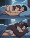 after_transformation anthro bed before_and_after big_breasts black_hair breasts brown_body brown_fur brown_hair confusion cuddling duo female full_moon fur furniture hair inside male male/female moon night on_bed romantic romantic_couple sleeping transformation digitalloh canid canine human mammal werecanid werecanine werecreature werewolf comic hi_res sequence