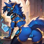 anthro anus armor blue_body blue_fur bodily_fluids butt female fur genital_fluids genitals hair looking_at_viewer looking_back magic presenting presenting_hindquarters protogen_visor pussy pussy_juice solo eyota canid canine canis mammal wolf