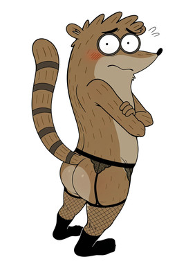 anthro black_clothing black_eyes blush brown_body clothing crossed_arms embarrassed footwear fur garter_belt garter_straps looking_at_viewer male maxoggami socks solo tail rigby_(regular_show) mammal procyonid raccoon hi_res