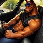 abs anthro bottomwear bulgewhisper canid canine canis car clothed clothing denim denim_clothing dobermann domestic_dog eyewear jeans male mammal muscular pants pinscher pubes raised_clothing raised_topwear seductive shirt solo sunglasses tank_top topless topless_male topwear vehicle