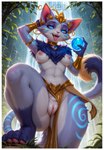 anthro blue_body blue_eyes blue_fur breasts claws clothed clothing female fur gem genitals gold_(metal) gold_jewelry holding_object jewelry medium_breasts nipples outside pawpads pelvic_curtain pussy solo standing teeth tongue tongue_out topless water waterfall white_body white_fur ayo_keito yuumi_(lol) domestic_cat felid feline felis mammal absurd_res hi_res watermark