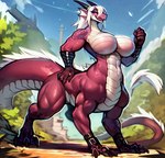 agreenfish anthro big_breasts bracelet breasts colored detailed digitigrade dragon dragon_taur female hair hi_res horn jewelry muscular muscular_female nippleless non-mammal_breasts red_body red_eyes red_scales scales scalie solo taur two-tone_body white_body white_hair white_scales