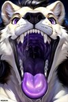 anthro black_hair bodily_fluids dripping fur hair male mouth_shot open_mouth oral_vore purple_eyes purple_tongue saliva saliva_drip saliva_string solo tongue vore white_body white_fur yellow_body yellow_fur l649000 felid lion mammal pantherine attempted_signature hi_res