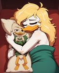 anthro beak bed bedding bedroom black_eyes blanket blonde_hair bottomless breasts clothed clothing dakimakura_design disney ducktales ducktales_(2017) embrace eyeliner eyes_closed female frown furniture gesture hair half-closed_eyes hand_heart hoodie long_hair looking_at_viewer lying makeup membrane_(anatomy) messy_hair narrowed_eyes on_side orange_legs pillow scut_tail short_tail sleeping solo topwear webbed_feet white_body white_skin cloud9999 goldie_o'gilt louie_duck anatid anseriform avian bird duck absurd_res hi_res