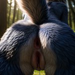 anthro anus blue_body blue_fur bodily_fluids butt canid canine female forest fox fur genital_fluids genitals hi_res hornybunny krystal mammal outside plant purrfectmerge_(model) pussy pussy_juice raised_tail solo stable_diffusion starfox tree