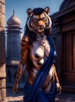 anthro black_hair black_nipples black_stripes blue_clothing breasts city city_background clothed clothing countershading felid female fur hair hi_res india looking_at_viewer mammal marcus64 multi_breast navel nipples orange_body orange_fur pantherine partially_clothed sari solo standing striped_body striped_fur stripes tiger topless white_body white_countershading