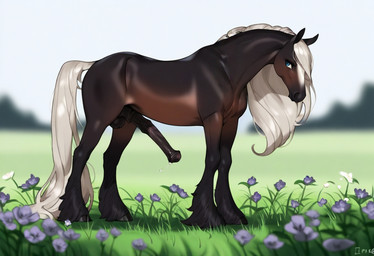 animal_genitalia animal_penis blonde_mane blue_eyes brown_body brown_fur equine_genitalia equine_penis feral field flower fur genitals hair long_hair male mane penis plant solo cookie-girl equid equine horse mammal