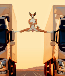 anthro balls biped crossed_arms desert feet flaccid flexible fur genitals humanoid_genitalia humanoid_penis looking_at_viewer male multicolored_body navel nude orange_body outside penis road smile solo splits spread_legs spreading tail truck_(vehicle) vehicle white_body white_fur soloko canid canine canis chihuahua domestic_dog mammal toy_dog digital_media_(artwork) hi_res