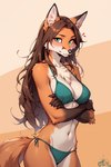 5_fingers anthro bikini blush breasts brown_hair clothed clothing crossed_arms female fingers front_view fur green_eyes hair long_hair looking_at_viewer medium_breasts mouth_closed orange_body orange_fur shy simple_background solo swimwear white_body white_fur henriqueplytz canid canine fox mammal red_fox absurd_res hi_res