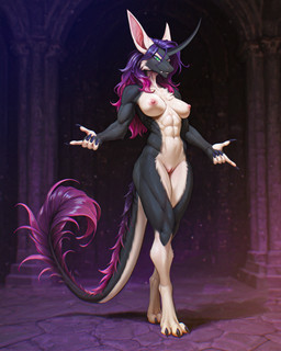 1_horn abs anthro athletic belly big_ears black_body black_claws black_horn claws countershading countershading_fur eyebrows fangs female fur genitals green_eyes hair horn looking_at_viewer magenta_hair muscular nipples nude nude_anthro nude_female pawpads pink_inner_ear pink_nipples pink_nose pink_pawpads pink_pussy purple_eyebrows purple_hair pussy smile solo teeth white_belly white_body white_cheeks white_ears white_eyeshadow white_fingers white_fur white_inner_hips white_legs white_neck white_undertaile sunny_way sunny_way_(character) ki'rinaes 2026 edit full-length_portrait hi_res portrait
