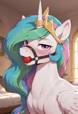 ball_gag bedroom_eyes blush bodily_fluids crown cum dripping drooling eyelashes feathers female feral gag genital_fluids hair horn inside looking_at_viewer multicolored_hair narrowed_eyes purple_eyes saliva saliva_drip saliva_string seductive solo white_body white_feathers wings foxhound_(director) friendship_is_magic my_little_pony princess_celestia_(mlp) equid equine mammal winged_unicorn hi_res