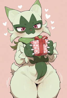 <3 anthro female gift gift_box green_body pink_pupils pupils simple_background smile solo wide_hips synaker nintendo pokemon floragato generation_9_pokemon pokemon_(species) 2024 colored hi_res