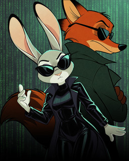 4_fingers clothed clothing coat cosplay crossed_arms crossover crossover_cosplay dipstick_ears duo ear_markings eye_patch eyewear facial_markings female fingers fur grey_body grey_fur head_markings jacket latex male markings multicolored_ears orange_body orange_fur pink_nose skinsuit sunglasses tail tight_clothing topwear trenchcoat hank94_(director) disney matrix zootopia judy_hopps nick_wilde canid canine fox lagomorph leporid mammal rabbit red_fox hi_res