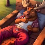 absurd_res anthro antlers bottomwear brown_body brown_fur capreoline cervid clothed clothing drawstring eyes_closed fur gym_bottomwear gym_clothing hawaiian hi_res horn lawn_chair male mammal moose open_clothing open_shirt open_topwear outdoors outside pillow shirt sleeping solo spread_legs spreading summer topwear twinklespark undershirt